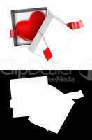 Heart present inside unwrapped white gift box with empty cardboa