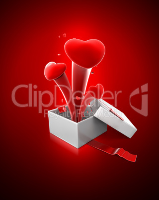 Hearts popout from white gift box on red background.