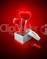 Hearts popout from white gift box on red background.