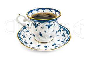 Coffee in a porcelain cup with a blue pattern