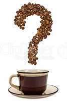 Question mark of coffee beans with a cup of coffee