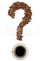 Question mark of coffee beans with a cup