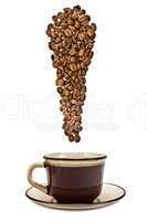 The exclamation point of the coffee beans with a cup of drink