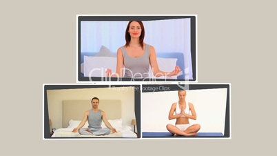 Zwei Frauen und ein Mann beim Yoga
