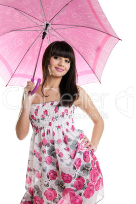 Girl with rose umbrella look at you and smile