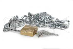 Open padlock and chain with keys
