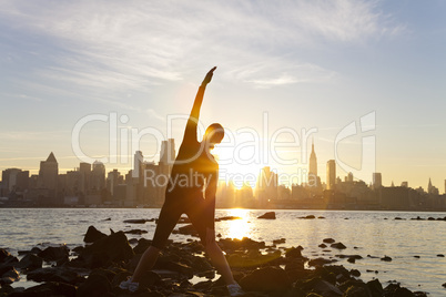 Woman Runner Yoga Stretching Manhattan Skyline Sunrise New York