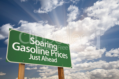 Soaring Gasoline Prices Green Road Sign and Clouds