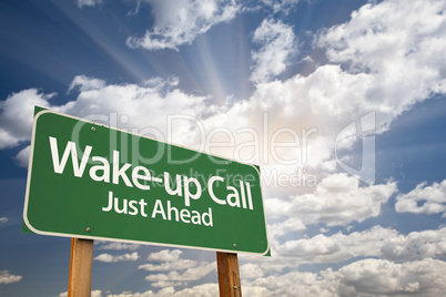 Wake-up Call Green Road Sign and Clouds