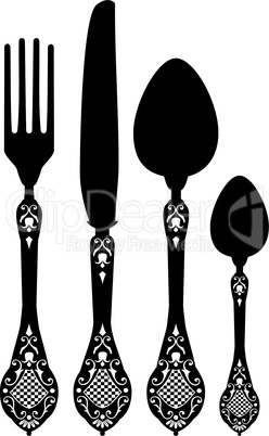 Retro vector silhouette of knife, fork, spoon and spork