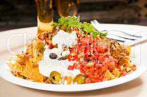 fresh nachos and vegetable salad with meat