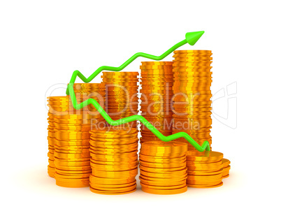 Earnings and success: green graph over coins stacks