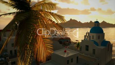 (1234) Romantic Mediterranean Greek Coastal Village Travel Background Sunset Ocean View