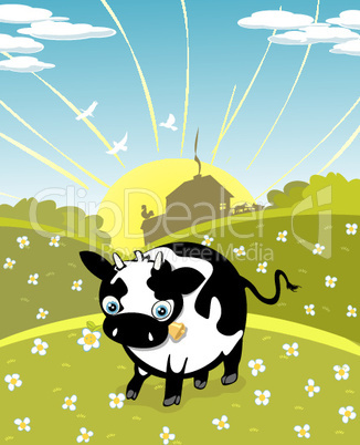 Cartoon cow on the meadow.eps