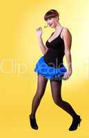 Beauty woman with lollipop smile you on yellow