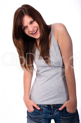 beautiful young woman in jeans looking very happy