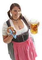 Frau mit Bierkrug und Bretzel