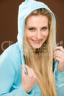 Portrait fashion happy woman wear hood