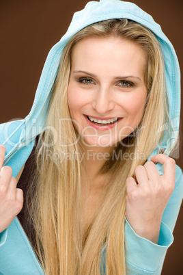 Portrait fashion happy woman wear hood