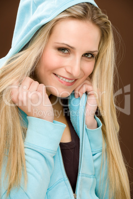 Portrait fashion happy woman wear hood