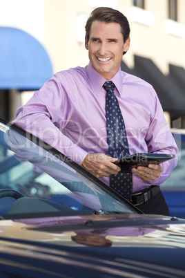 Businessman Leaning on Car with Tablet Computer