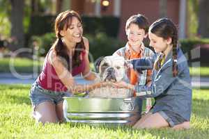 Mother Son & Daughter Family Washing Pet Dog In A Tub