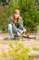 Camping woman cook food fire nature happy
