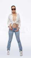 Beauty woman stand in jeans and shirt