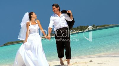 Barefoot Caucasian Couple in Wedding Clothes