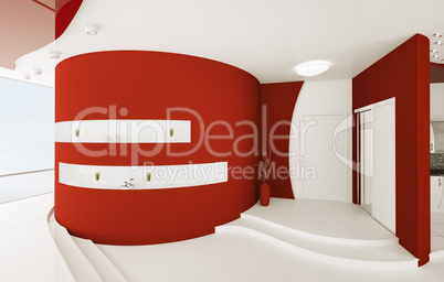 Interior of red white entrance hall 3d render
