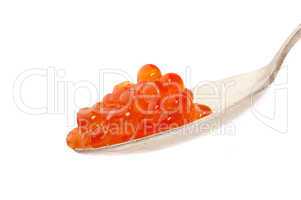 Red caviar on the spoon, on a white background