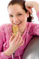 Fitness woman eat granola sportive outfit