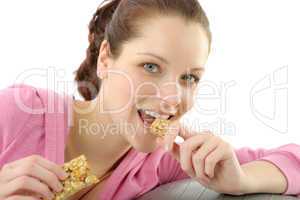 Fitness woman eat granola sportive outfit