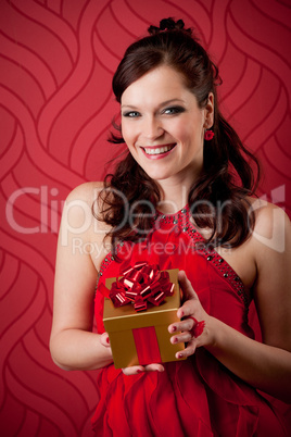 Cocktail party woman hold present evening dress