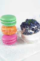 Macarons and blueberry cake
