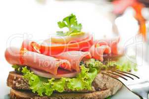 Brown bread with chili sausage slices green salad tomato and egg