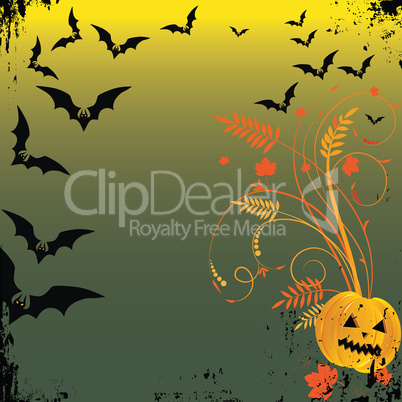 Grunge Halloween frame with bat, pumpkins