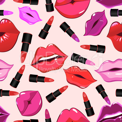 Seamless pattern, print of lips, lipstick