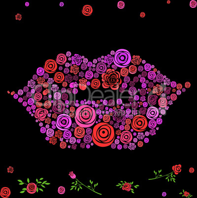 Flower rose shaped in lips on the black background.