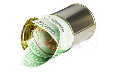 euro bills on a tin can