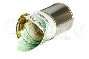 euro bills on a tin can