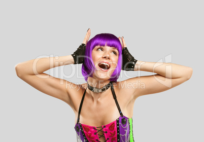 Disco singer in purple hairs and corset