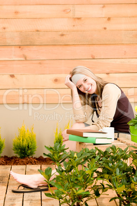 Garden happy woman relax terrace spring