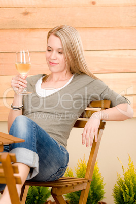 Garden happy woman enjoy glass wine terrace