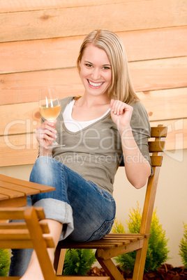 Garden happy woman enjoy glass wine terrace