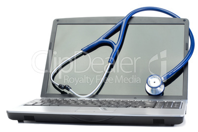 Blue stethoscope and laptop