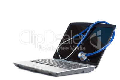 Blue angled stethoscope and laptop