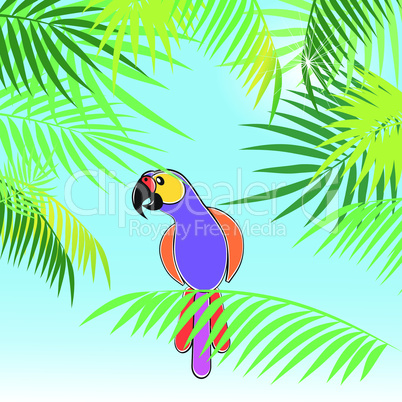Tropical vector background with leaves of palm trees and parrot.