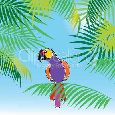 Tropical vector background with leaves of palm trees and parrot.