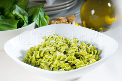 italian fusilli pasta and pesto